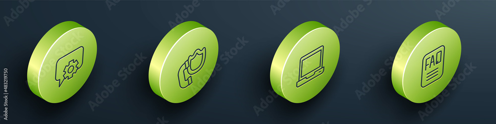 Set Isometric line Telephone 24 hours support, handset with shield, Laptop and FAQ information icon.