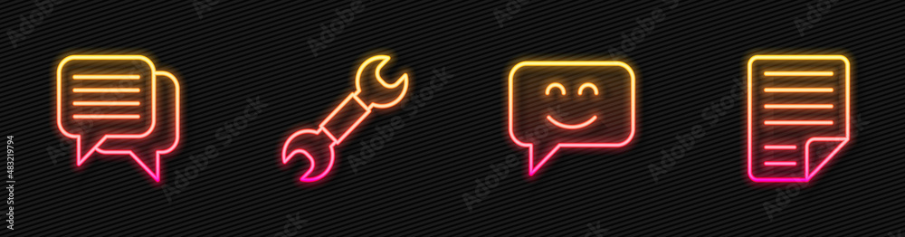 Set line Smile face, Speech bubble chat, Wrench spanner and File document. Glowing neon icon. Vector