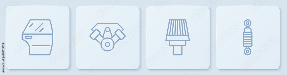 Set line Car door, air filter, Power car engine and Shock absorber. White square button. Vector