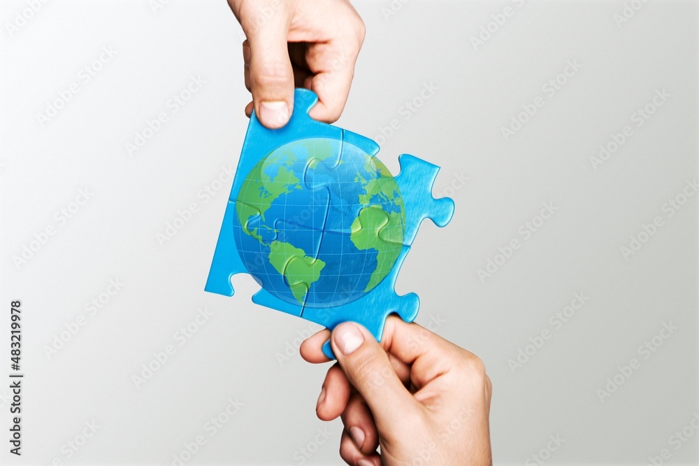 Hands holding jigsaw with globe earth, Friendly World Sustainable Environment Natural Day and Save o