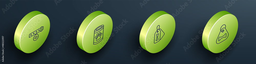 Set Isometric line Collar with name tag, Canned food, Dog collar bone and icon. Vector