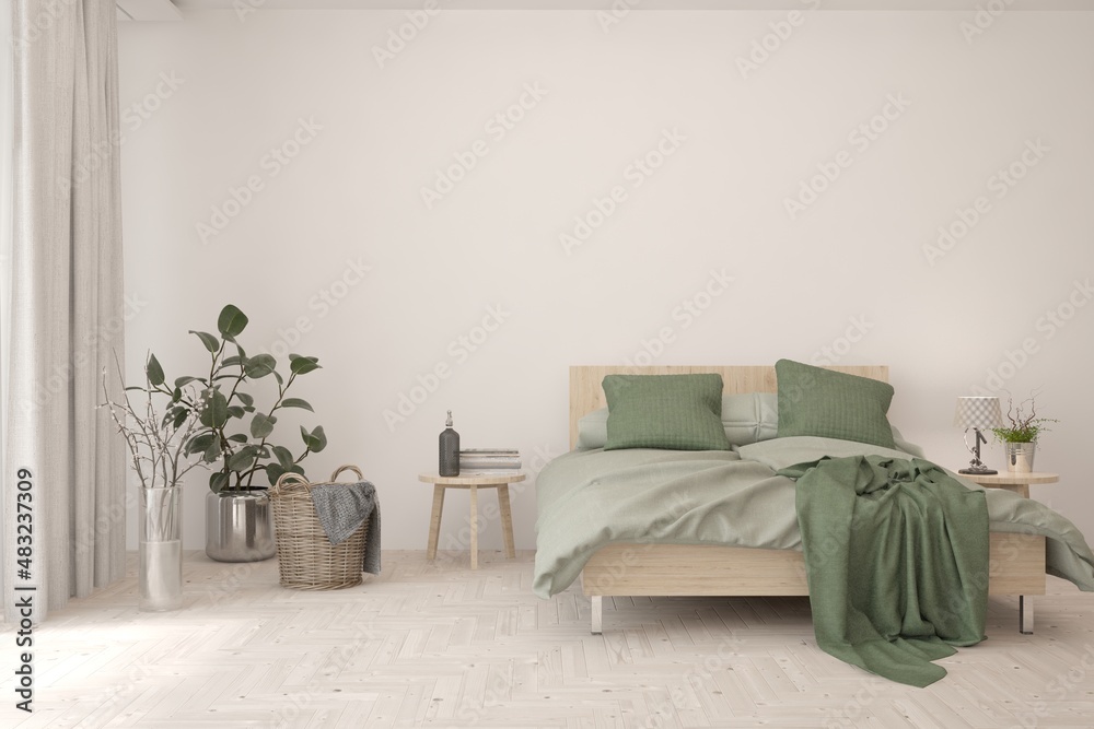 Soft color bedroom interior. Scandinavian design. 3D illustration