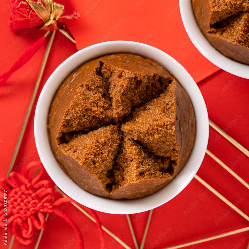 Delicious Chinese steamed sponge cake named Fa Gao for lunar new year festival traditional food.