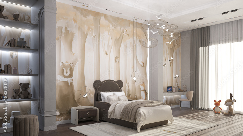 Luxury children room design. 3D render. Interior visualization. Illustration.