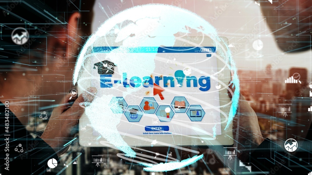 E-learning and Online Education for Student and University conceptual . Graphic interface showing te