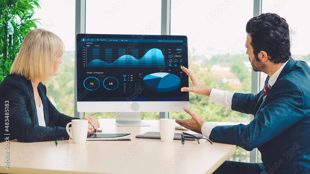 Business data dashboard analysis by ingenious computer software . Investment application display bus