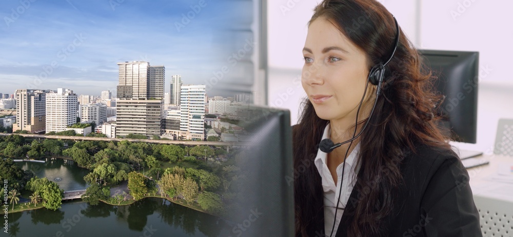 Business people wearing headset working in office to support remote customer or colleague. Call cent