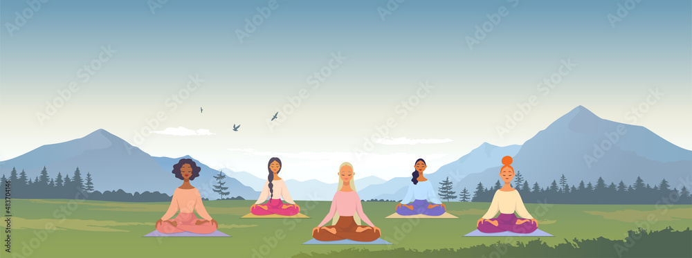 girls yoga mountains