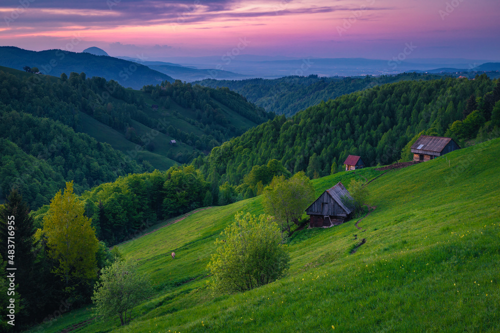 Rural scenery and wooden huts on the slope, Transylvania, Romania