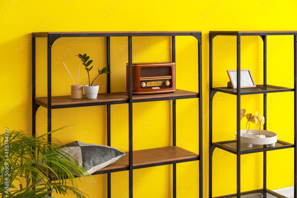 Modern standing shelving unit with decor and houseplant near yellow wall, closeup