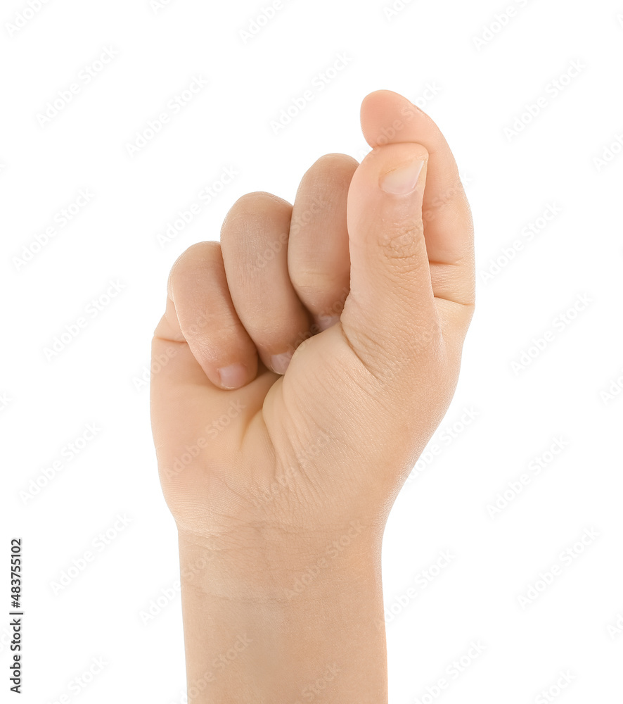 Child snapping fingers on white background