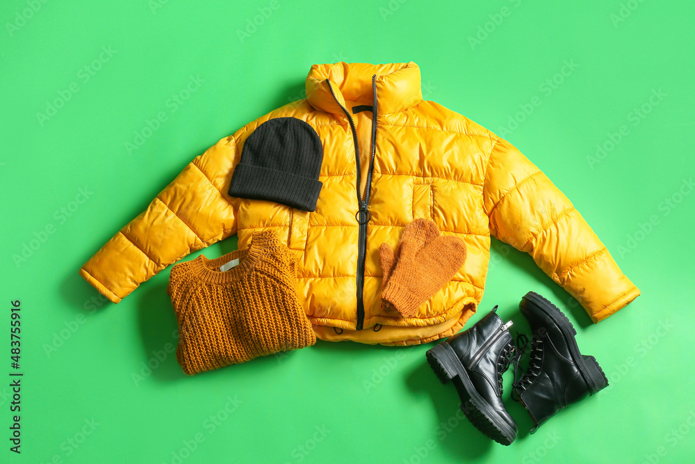 Female jacket, hat, sweater, mittens and shoes on green background