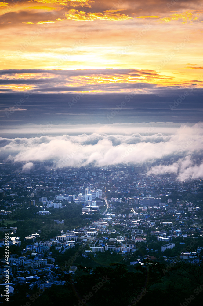 The Aerial View of Chiang Mai City in cloudy day at sunrise, Thailand