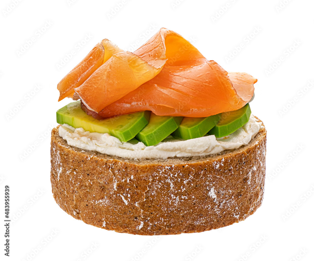 Bruschetta with salmon and cream cheese isolated on white background