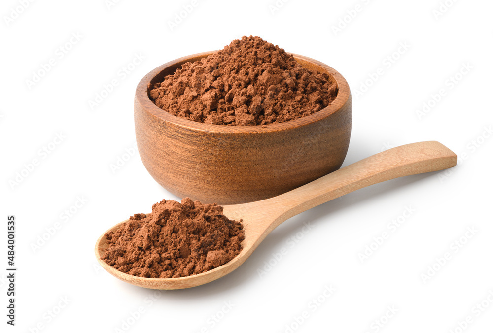 Cocoa powder in wooden bowl and spoon isolated on white background.