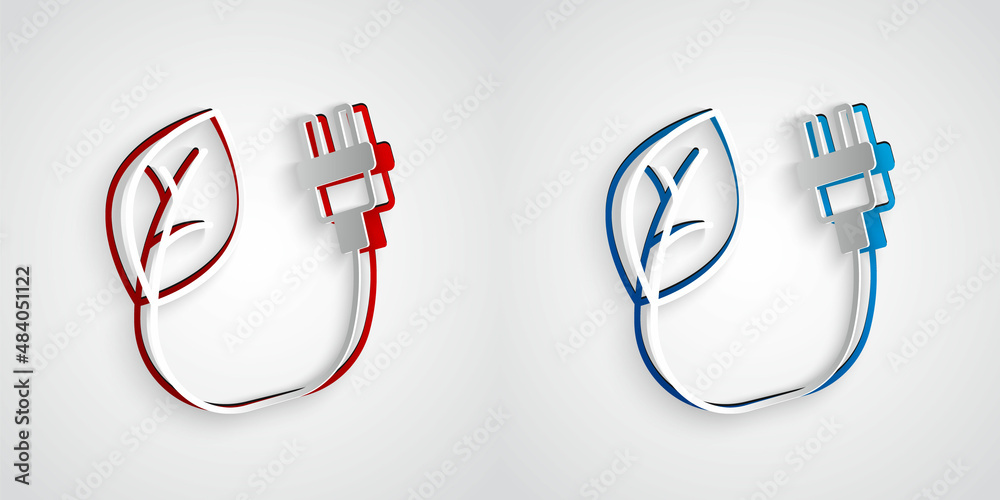 Paper cut Electric saving plug in leaf icon isolated on grey background. Save energy electricity. En