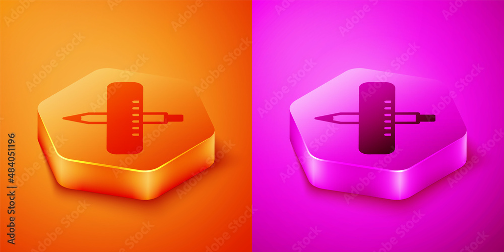 Isometric Crossed ruler and pencil icon isolated on orange and pink background. Straightedge symbol.