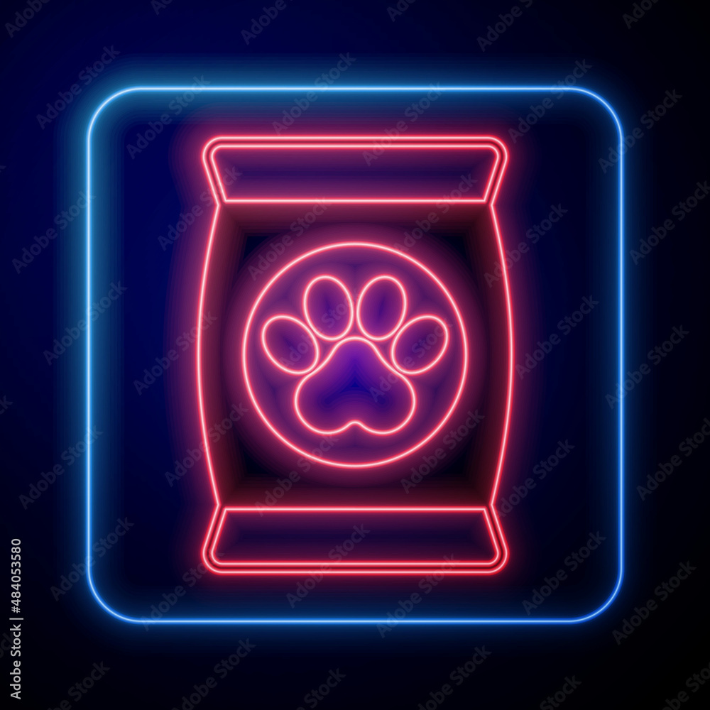 Glowing neon Bag of food for pet icon isolated on black background. Food for animals. Dog bone sign.