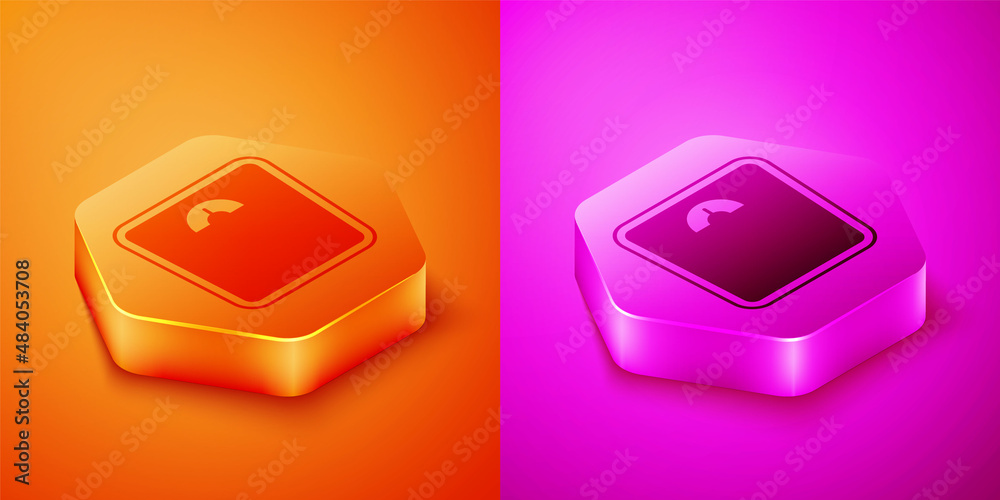 Isometric Bathroom scales icon isolated on orange and pink background. Weight measure Equipment. Wei