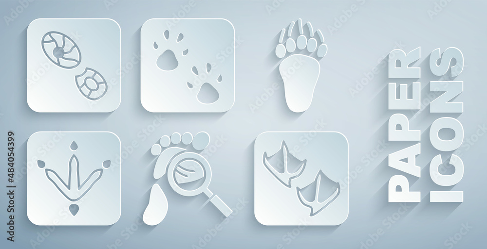 Set Magnifying glass with footsteps, Bear paw footprint, Chicken, Seagull, Paw and Human footprints 