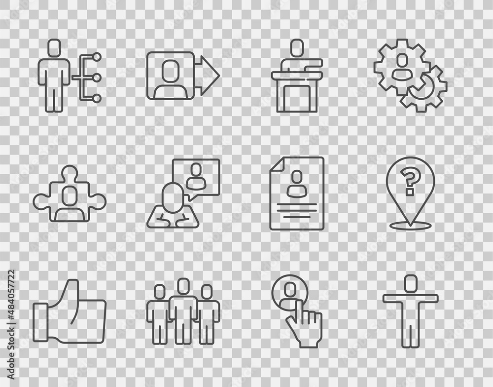 Set line Hand like, Head hunting, Speaker, Users group, of man business suit, and Question mark icon