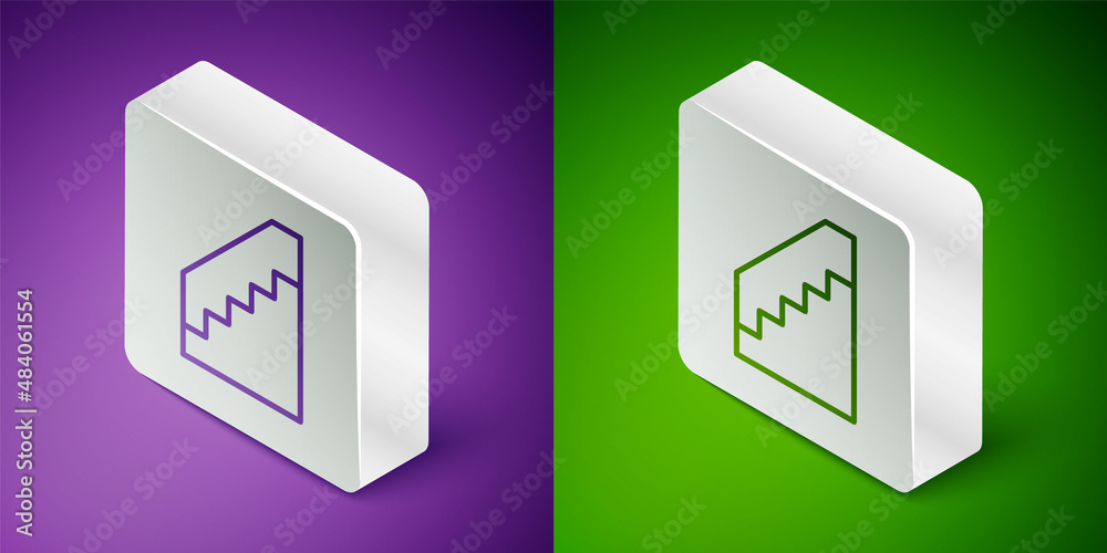 Isometric line Stairs up icon isolated on purple and green background. Silver square button. Vector