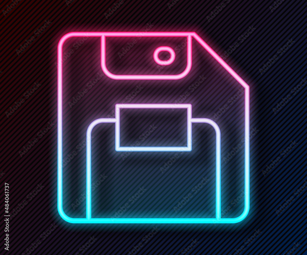 Glowing neon line Floppy disk for computer data storage icon isolated on black background. Diskette 