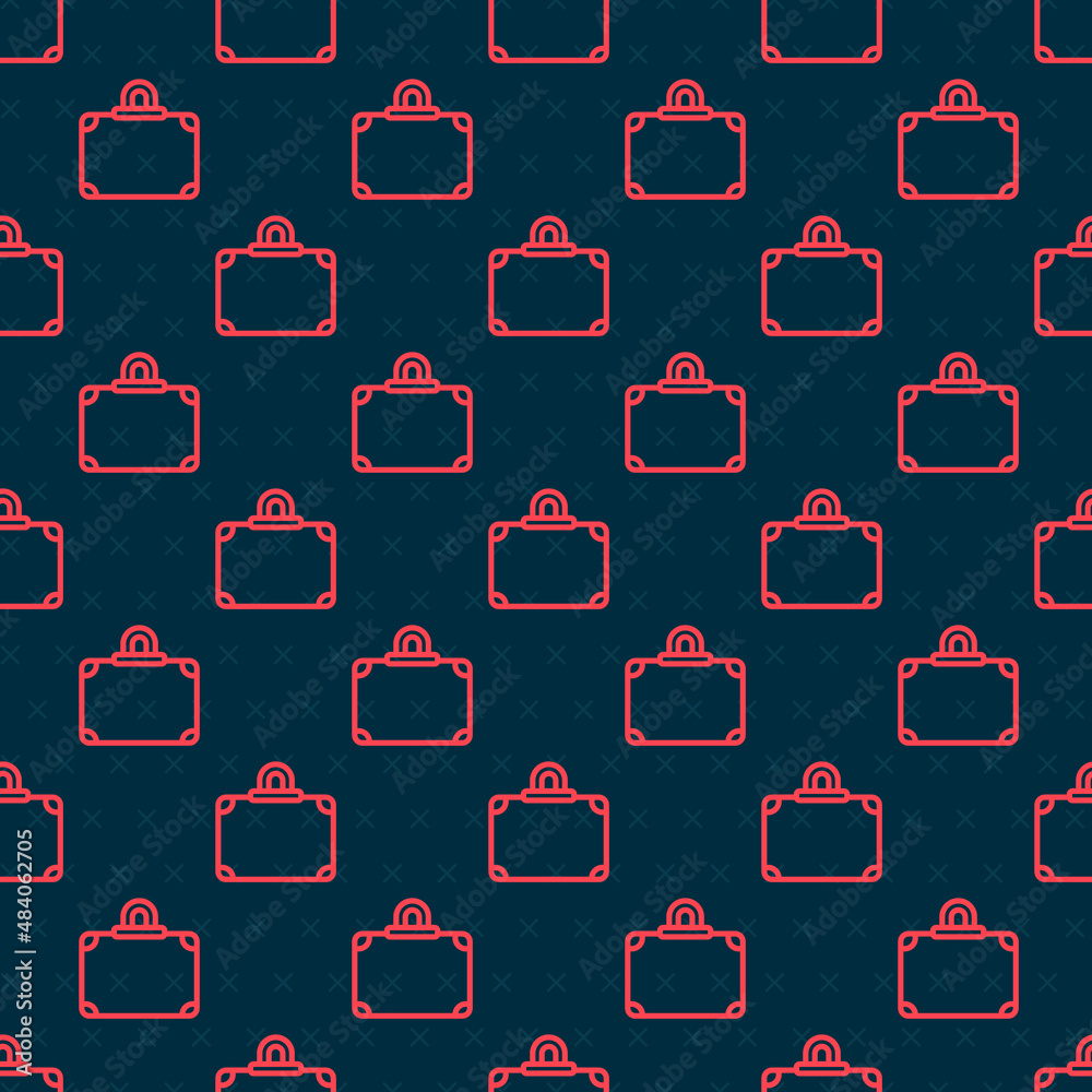 Red line Suitcase for travel icon isolated seamless pattern on black background. Traveling baggage s