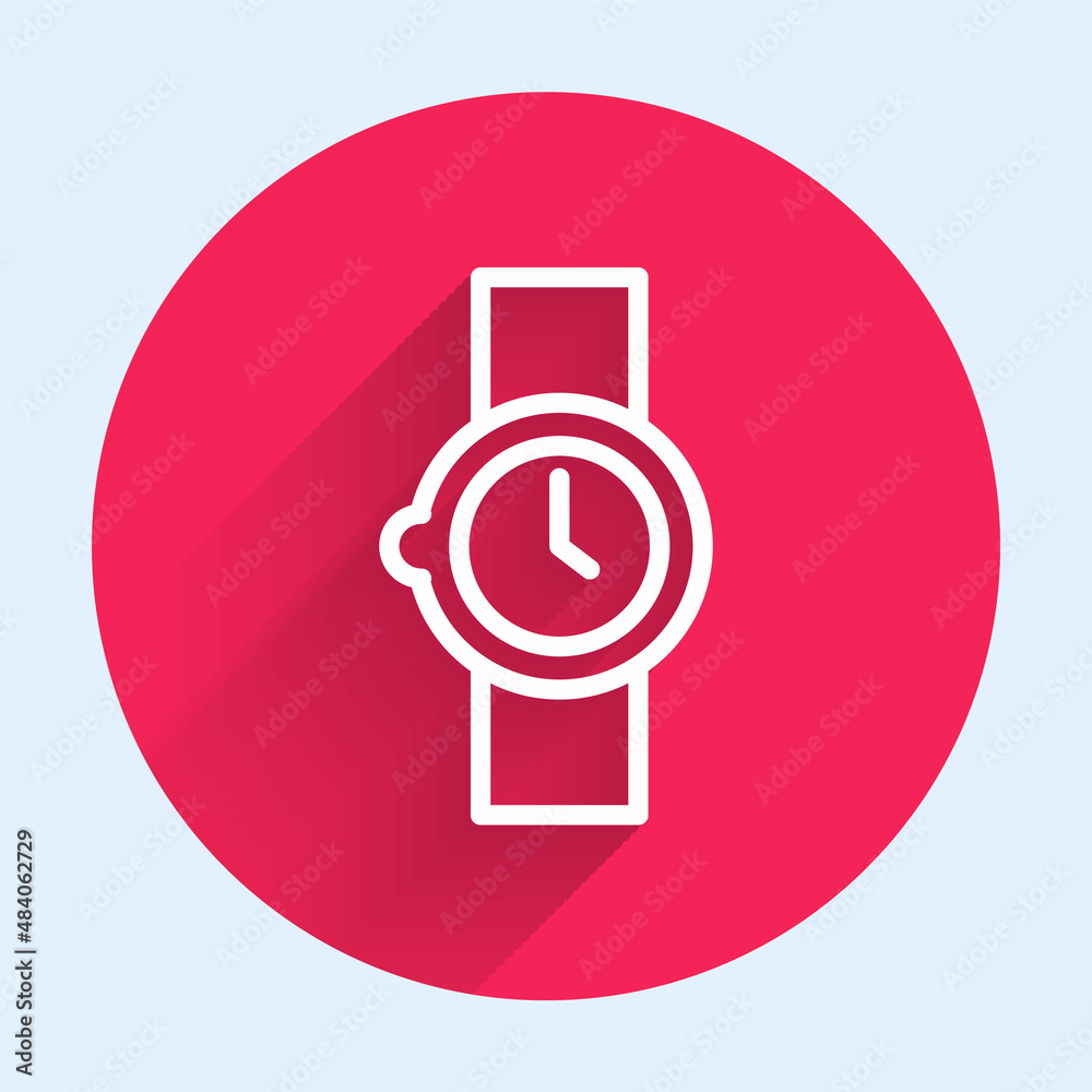 White line Wrist watch icon isolated with long shadow background. Wristwatch icon. Red circle button