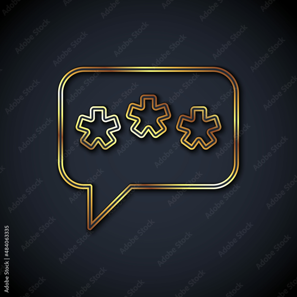 Gold line Speech bubble chat icon isolated on black background. Message icon. Communication or comme