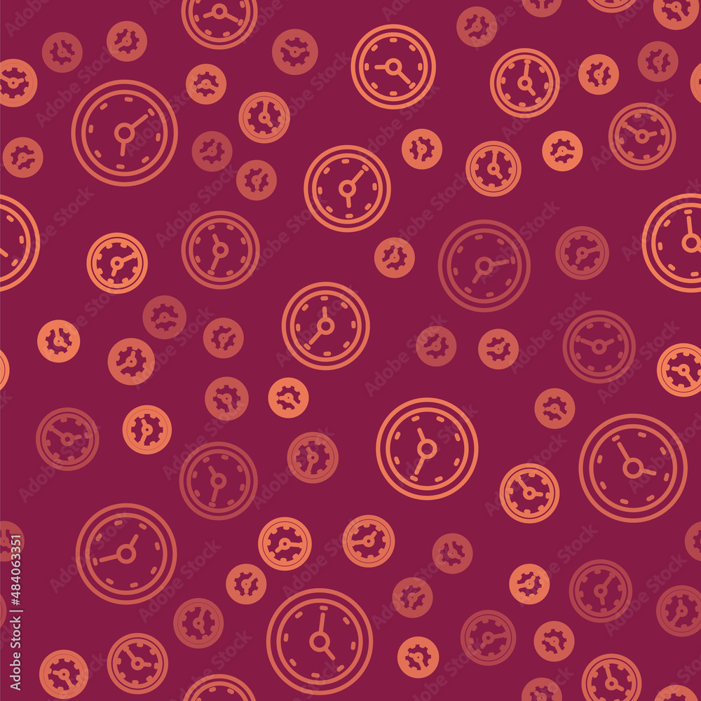 Brown line Clock icon isolated seamless pattern on red background. Time symbol. Vector