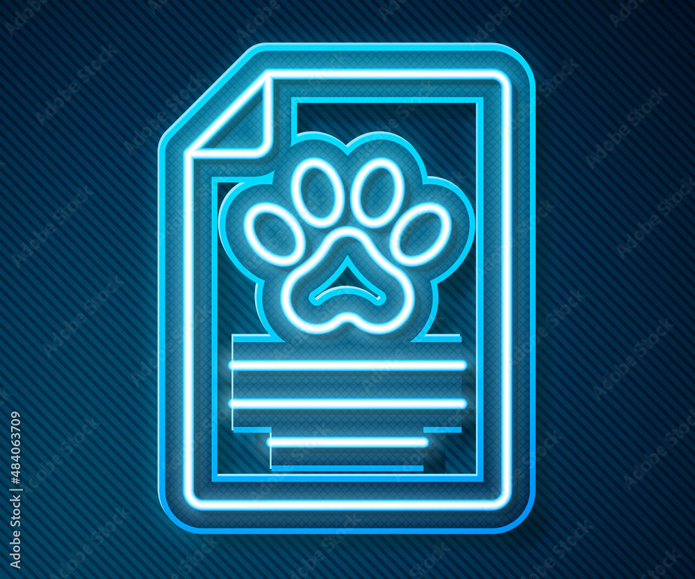 Glowing neon line Clipboard with medical clinical record pet icon isolated on blue background. Healt