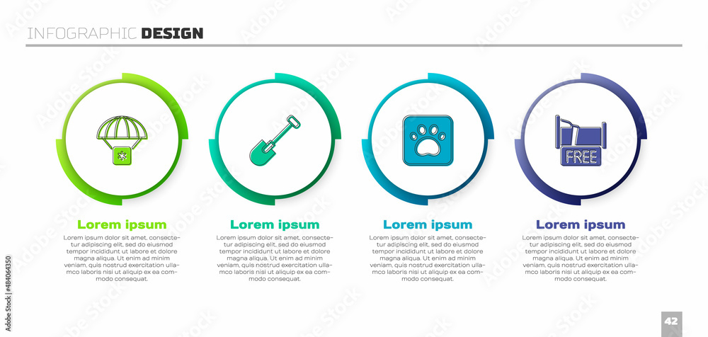 Set Humanitarian aid, Shovel, Paw print and Free overnight stay house. Business infographic template