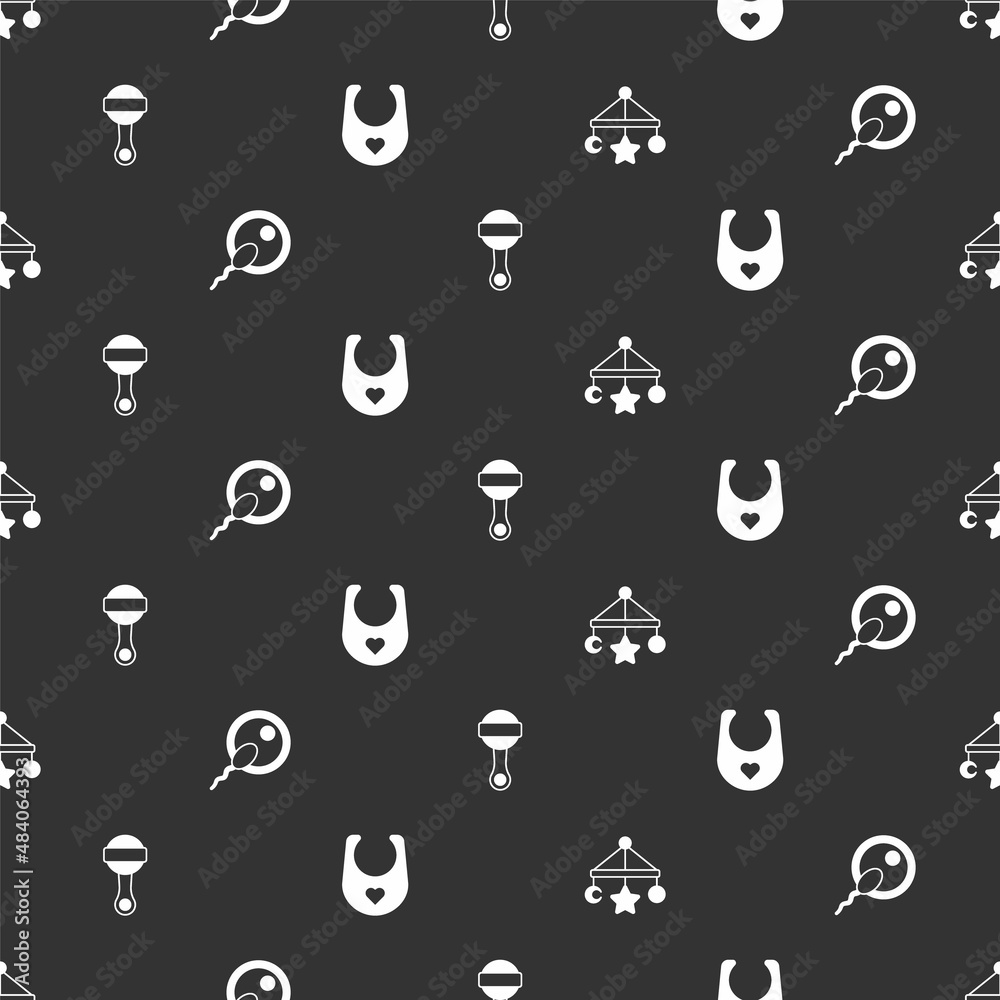 Set Baby crib hanging toys, Sperm, Rattle baby and bib on seamless pattern. Vector