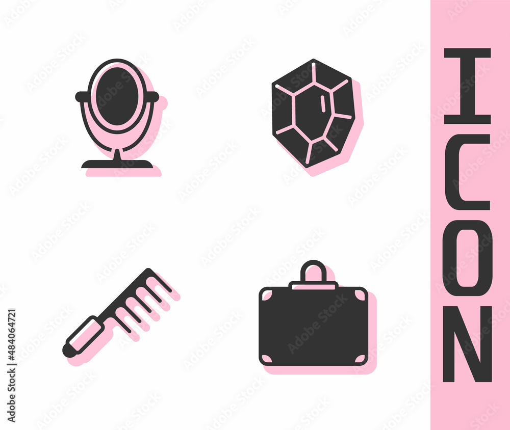 Set Suitcase, Round makeup mirror, Hairbrush and Gem stone icon. Vector