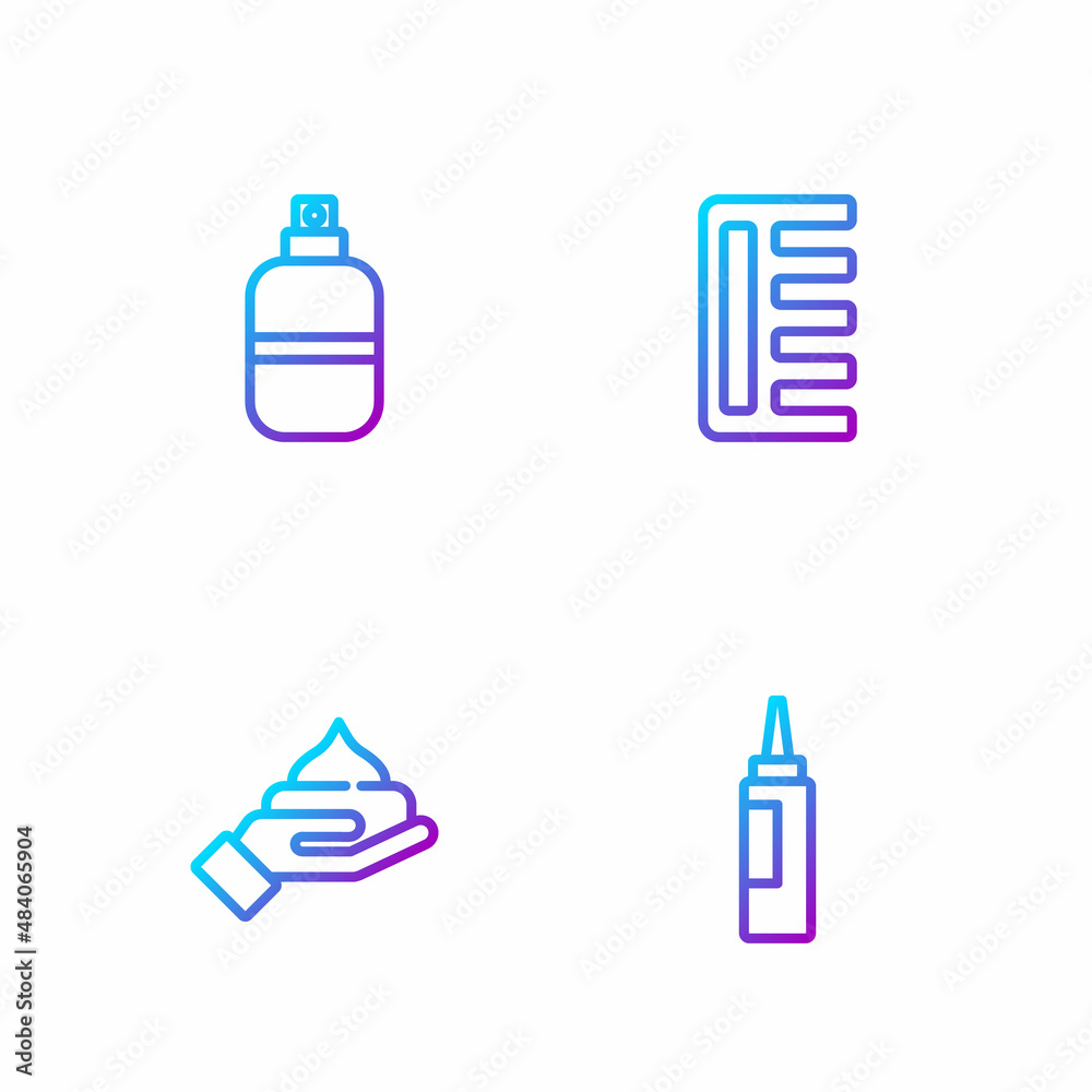 Set line Cream or lotion cosmetic tube, , Perfume and Hairbrush. Gradient color icons. Vector