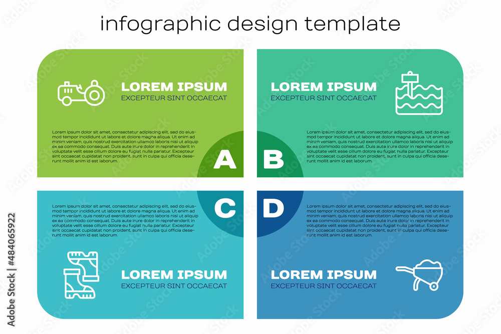 Set line Waterproof rubber boot, Tractor, Wheelbarrow with dirt and Garden bed. Business infographic