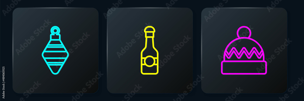 Set line Christmas ball, Winter hat and Champagne bottle. Black square button. Vector