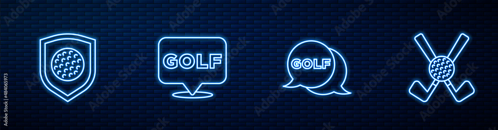 Set line Golf label, ball with shield, and Crossed golf club. Glowing neon icon on brick wall. Vecto