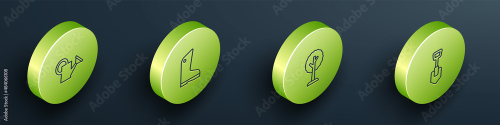 Set Isometric line Watering can, Rubber gloves, Forest and Shovel icon. Vector