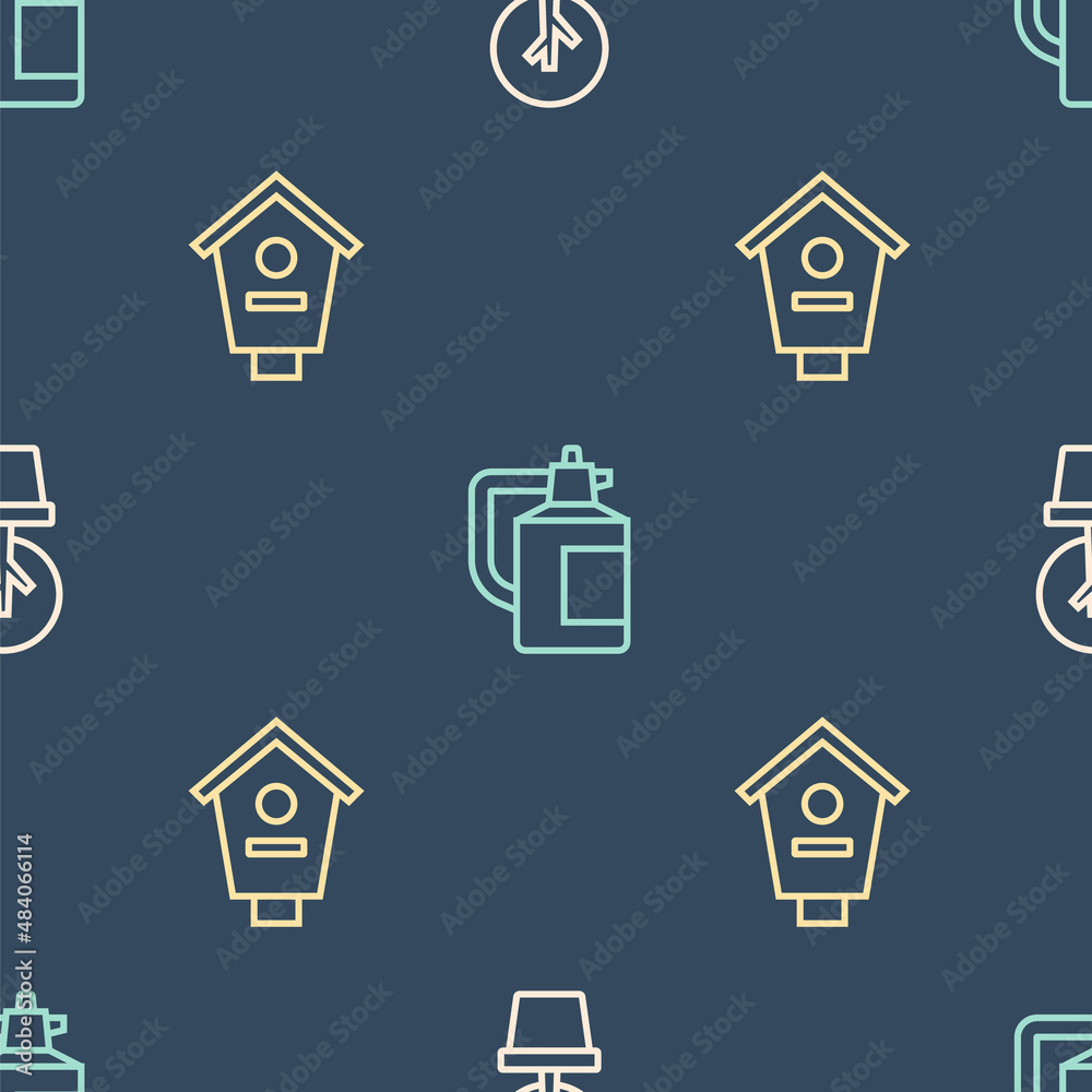 Set line Forest, Bird house and Garden sprayer for fertilizer on seamless pattern. Vector