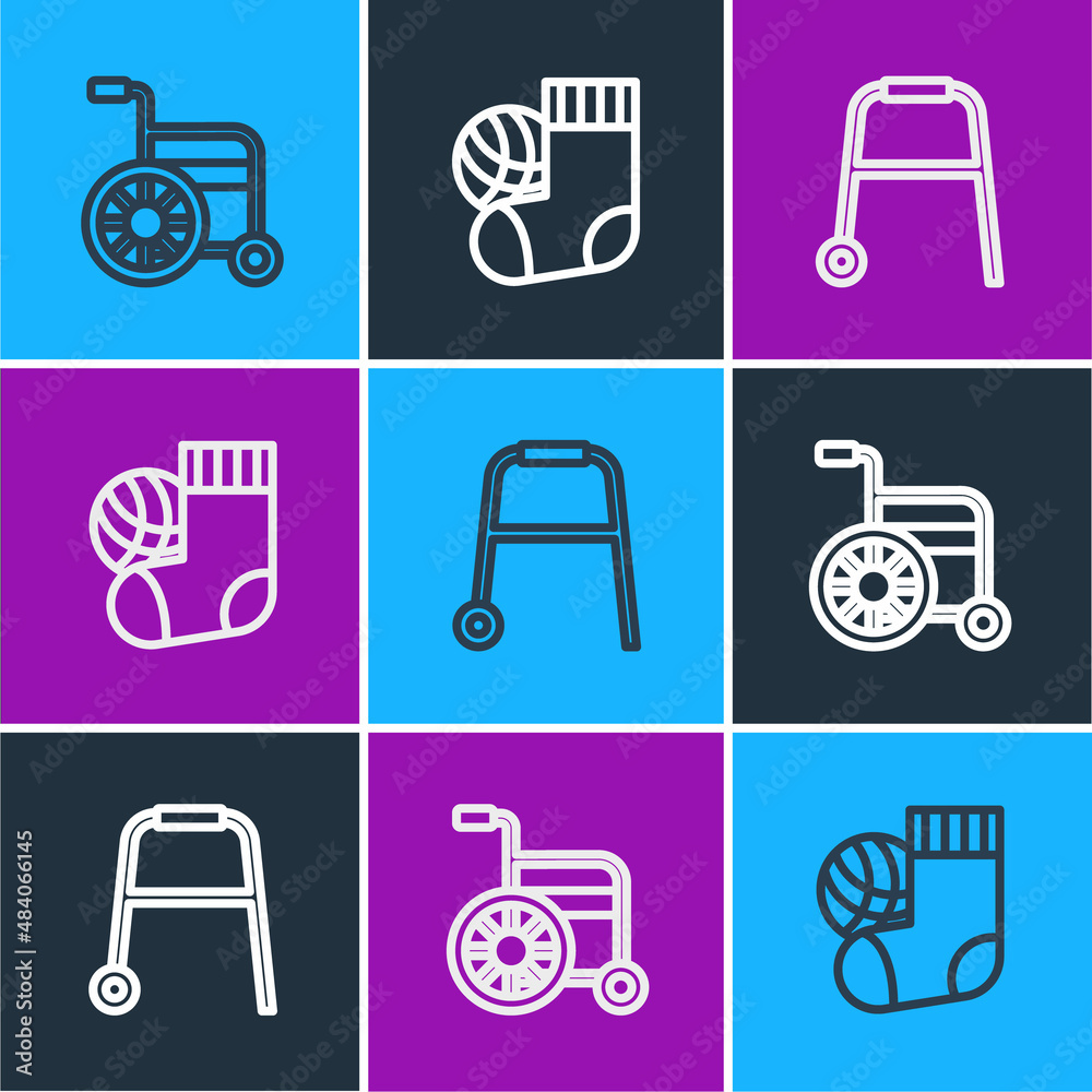 Set line Wheelchair, Walker and Socks icon. Vector