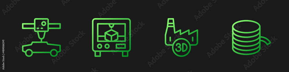 Set line Printing house industry, 3D printer car, and Filament for. Gradient color icons. Vector