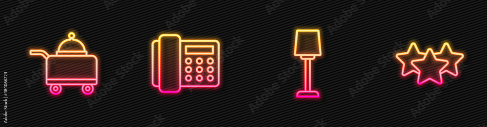 Set line Table lamp, Covered with tray of food, Telephone handset and Stars rating. Glowing neon ico