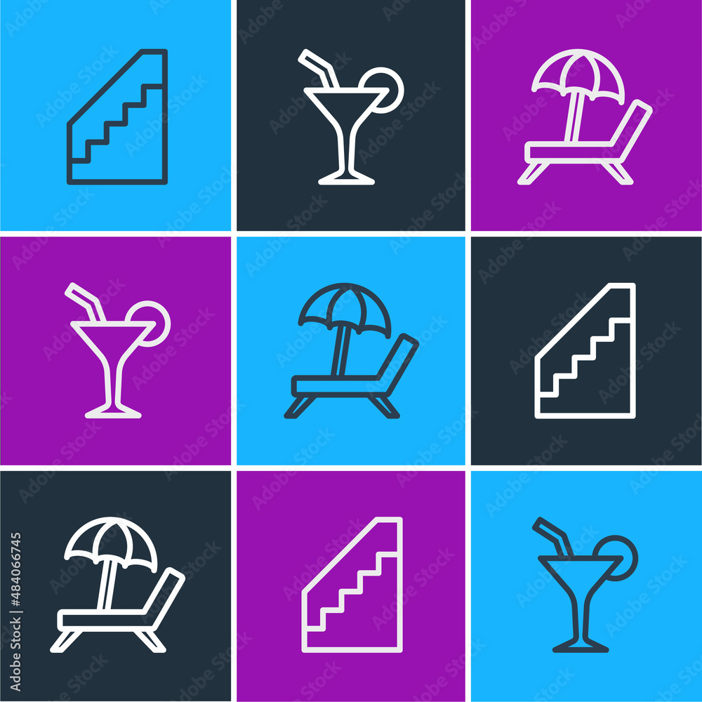 Set line Stairs, Sunbed with umbrella and Cocktail icon. Vector