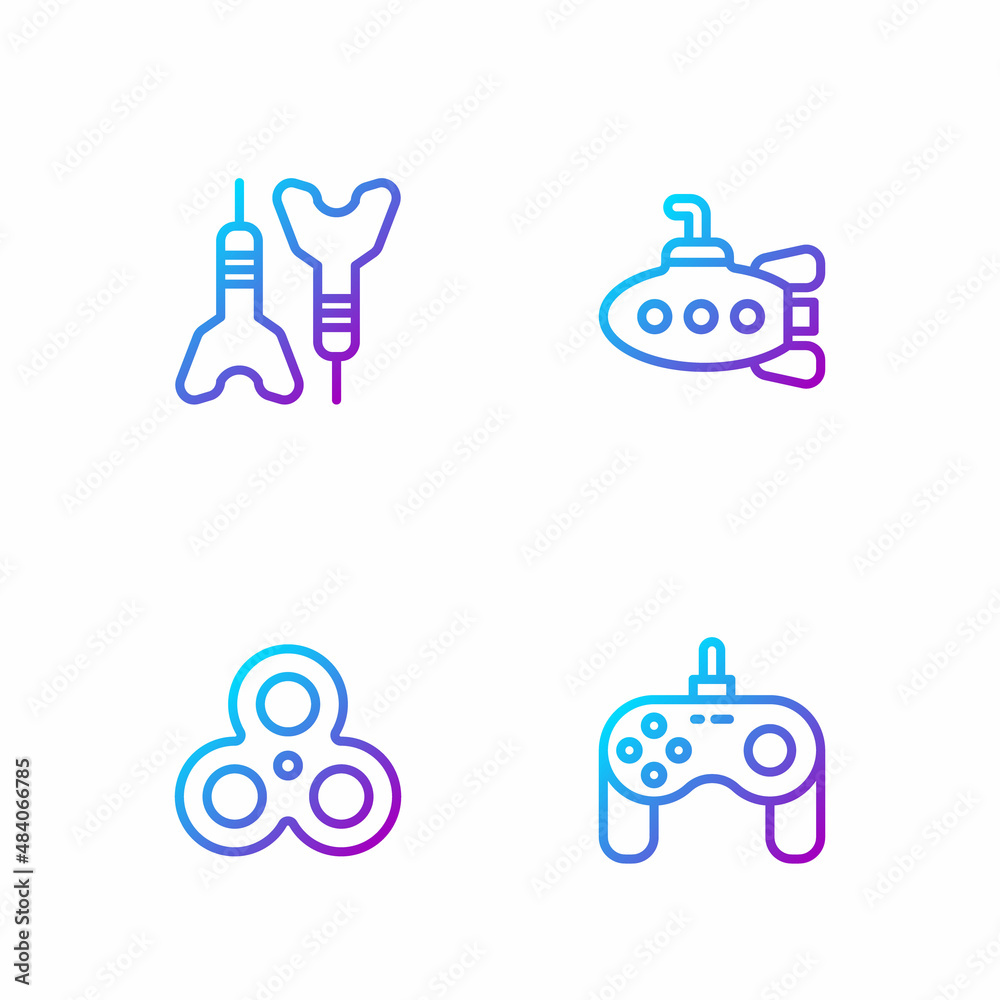 Set line Gamepad, Fidget spinner, Dart arrow and Submarine toy. Gradient color icons. Vector