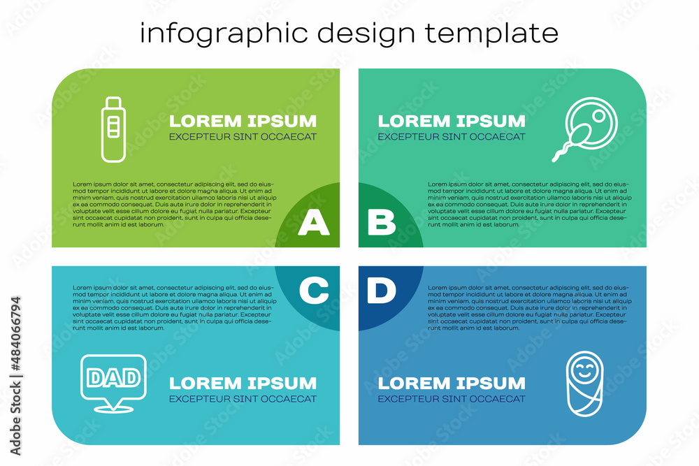 Set line Speech bubble dad, Pregnancy test, Newborn baby infant swaddled and Sperm. Business infogra