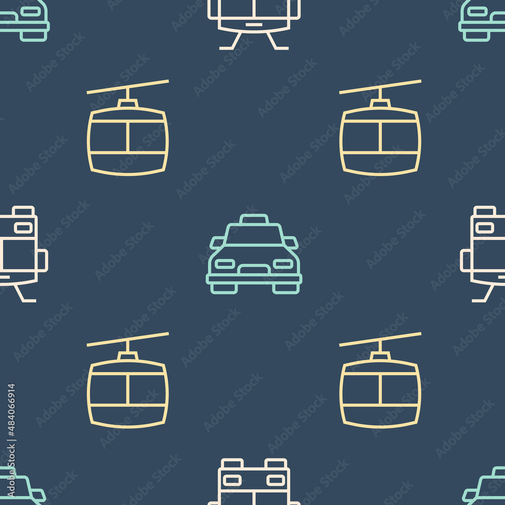 Set line Trolleybus, Cable car and Taxi on seamless pattern. Vector