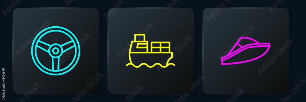 Set line Steering wheel, Speedboat and Cargo ship with boxes delivery. Black square button. Vector