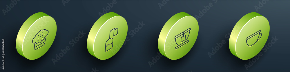 Set Isometric line Muffin, Tea bag, Cup with tea and of icon. Vector